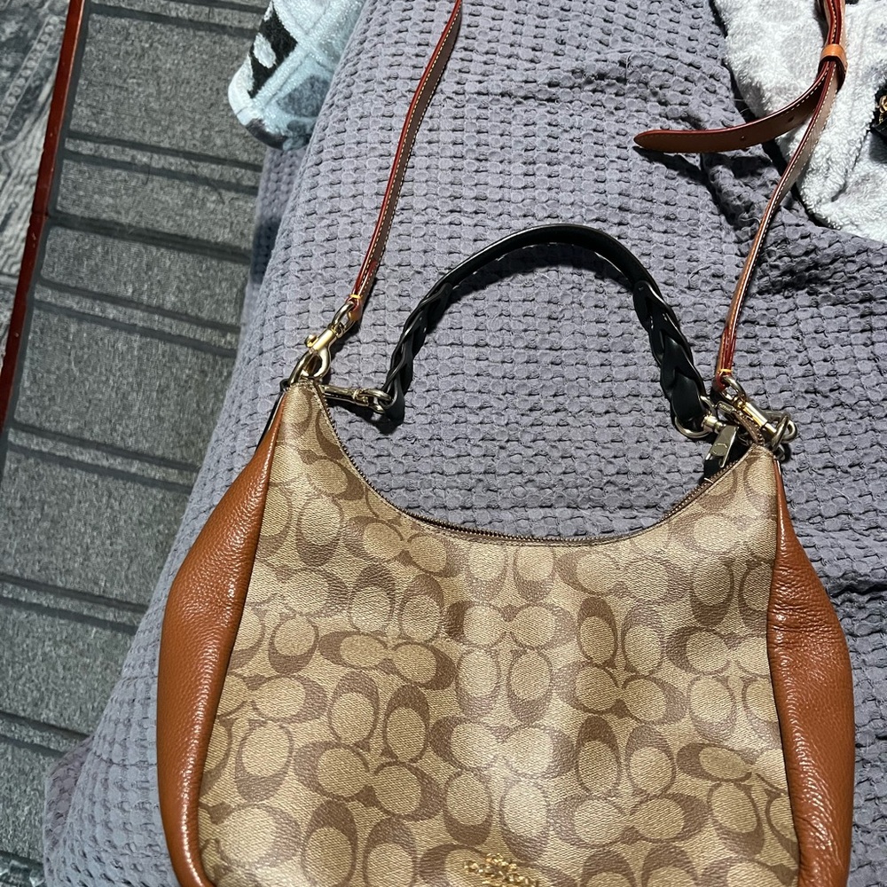 Coach Brown and Tan Shoulder Bag with Signature Pattern